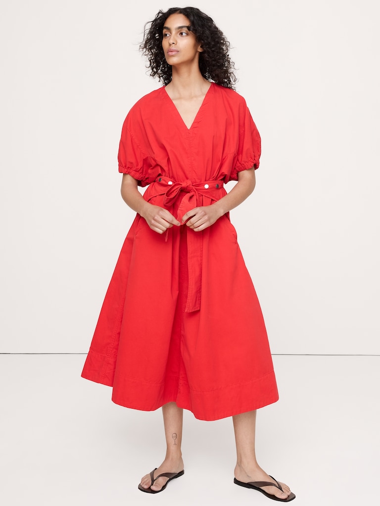 Cotton Twill Puff-Sleeve Midi Dress