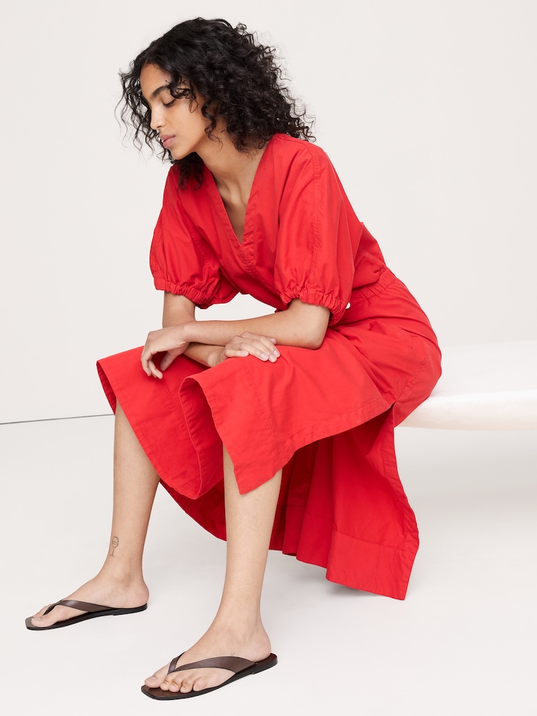 Cotton Twill Puff-Sleeve Midi Dress