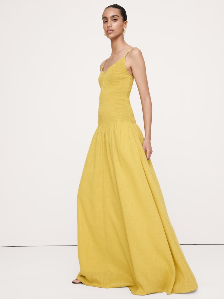 Linen-Cotton Gauze Smocked Maxi Dress