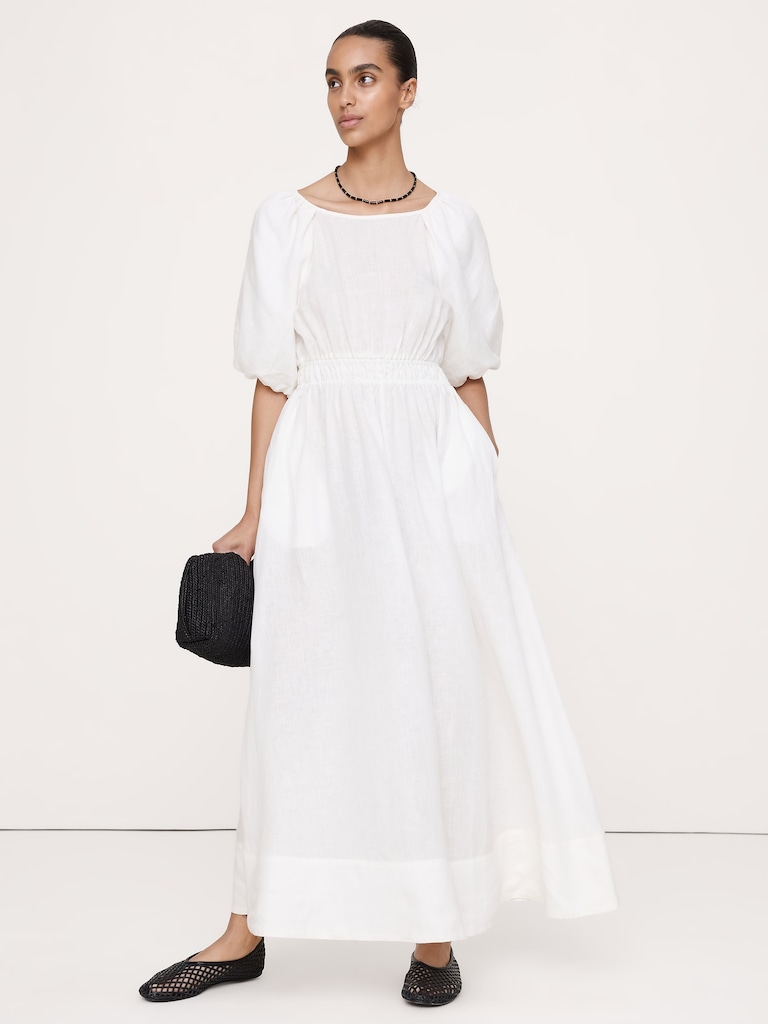 Linen Puff-Sleeve Maxi Dress