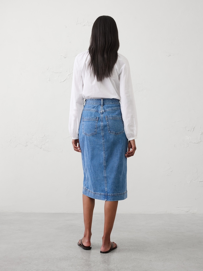 Denim Slit-Front Midi Skirt