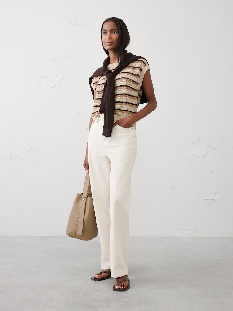 Cotton Striped Textured Cap-Sleeve Sweater
