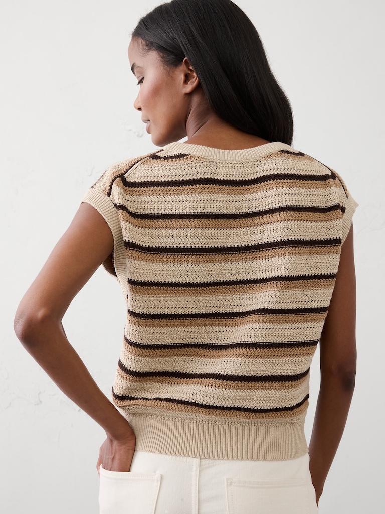 Cotton Striped Textured Cap-Sleeve Sweater
