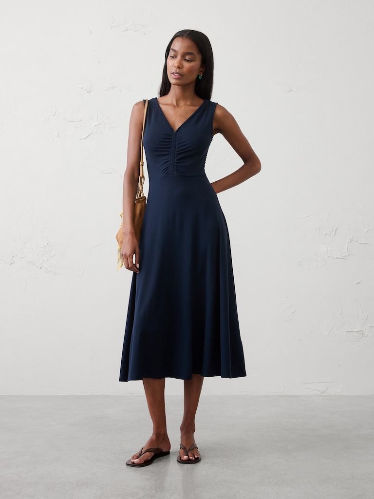 Shirred V-Neck Midi Dress