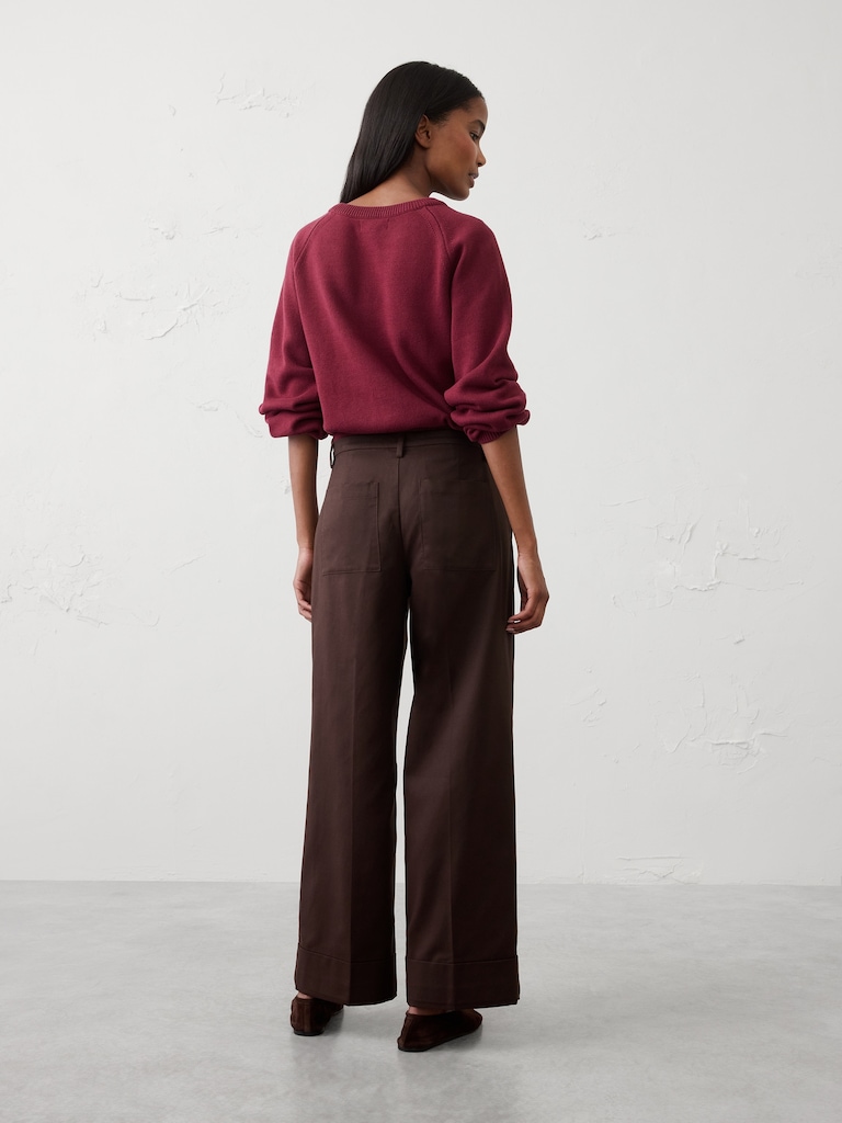 Wide-Leg Mid-Rise Drapey Twill Cuffed Pant