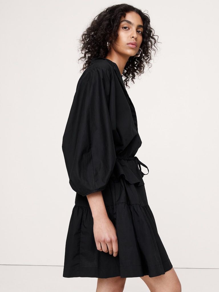 Cotton Poplin Drawstring-Waist Mini Dress