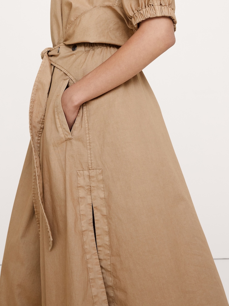 Cotton Twill Puff-Sleeve Midi Dress