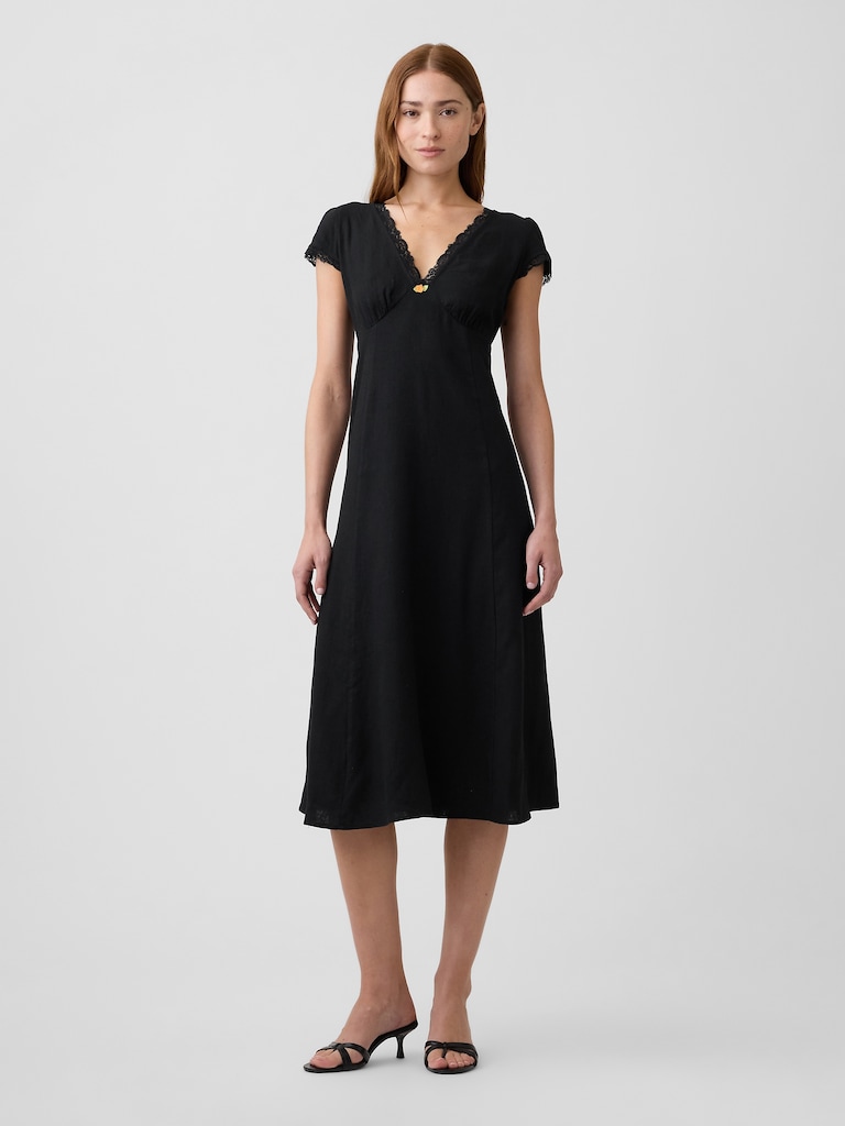 Linen-Blend Lace-Trim Midi Dress