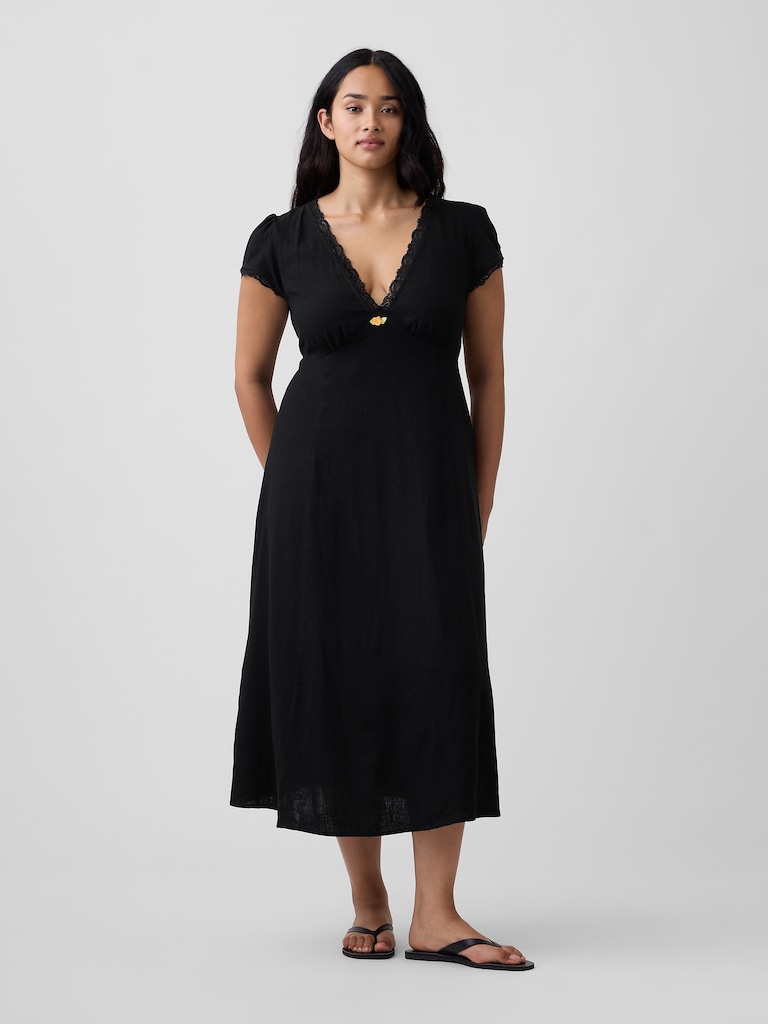 Linen-Blend Lace-Trim Midi Dress
