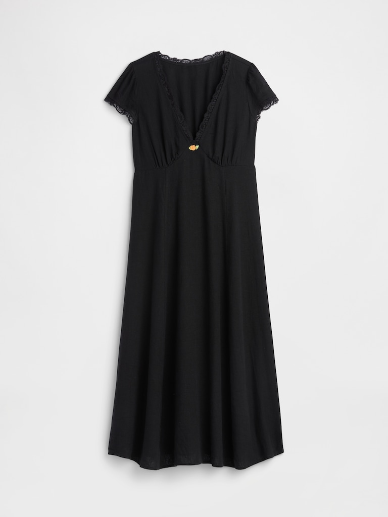 Linen-Blend Lace-Trim Midi Dress