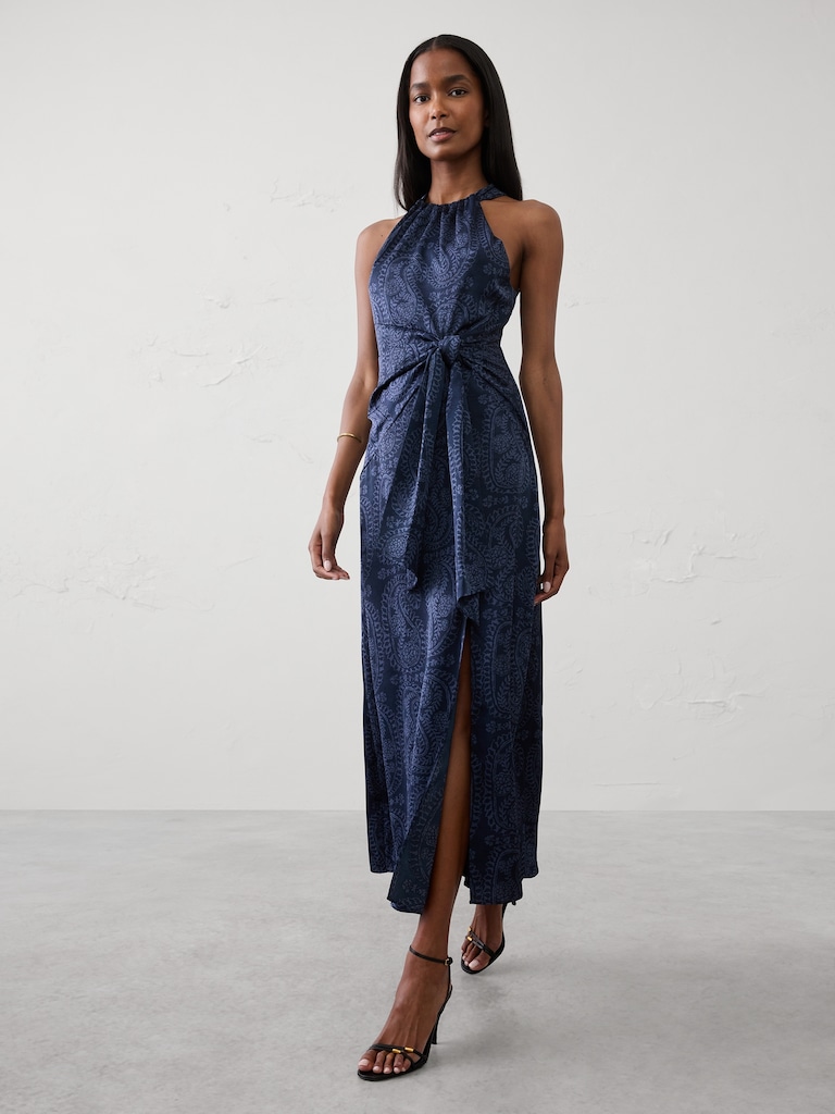Satin Halter Tie-Waist Maxi Dress