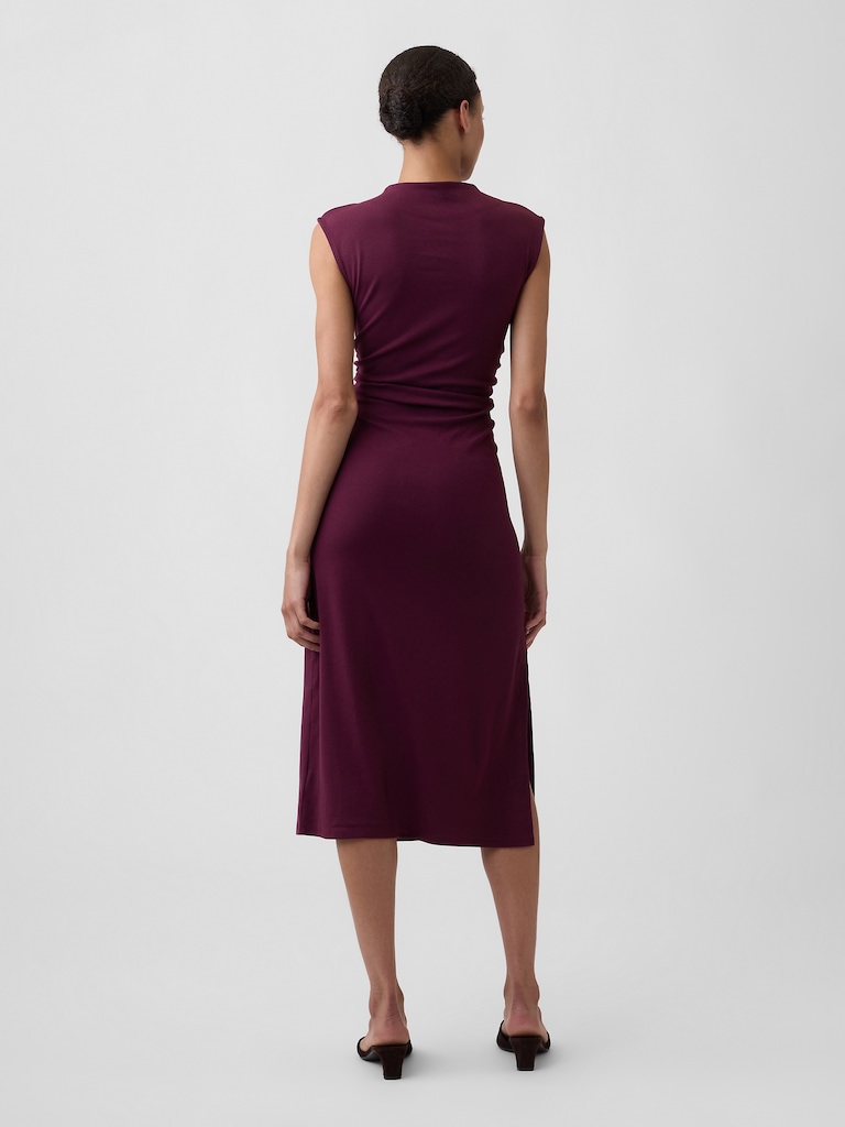 Modern Ribbed Sleeveless Mockneck Midi Dress