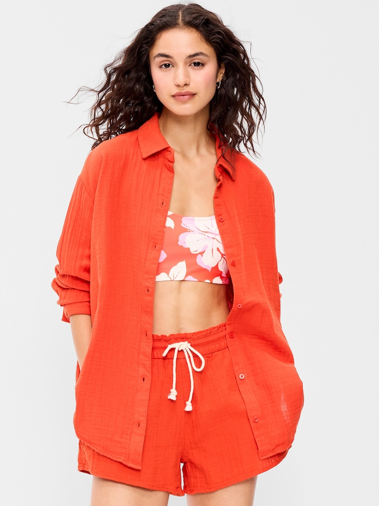 Open-Back Crinkle Gauze Button-Down Shirt