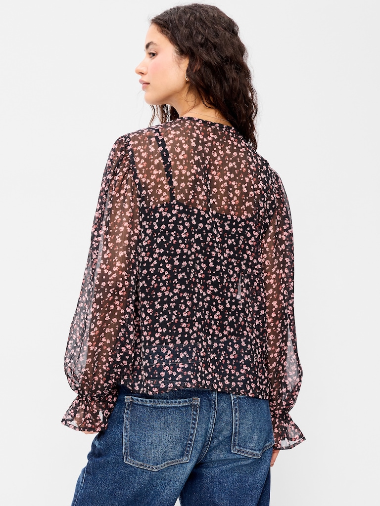 Chiffon Semi-Sheer Tie-Front Top