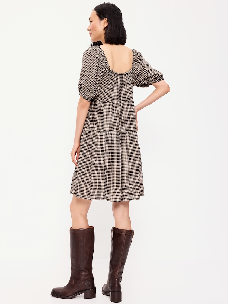 Puff-Sleeve Smocked Mini Swing Dress
