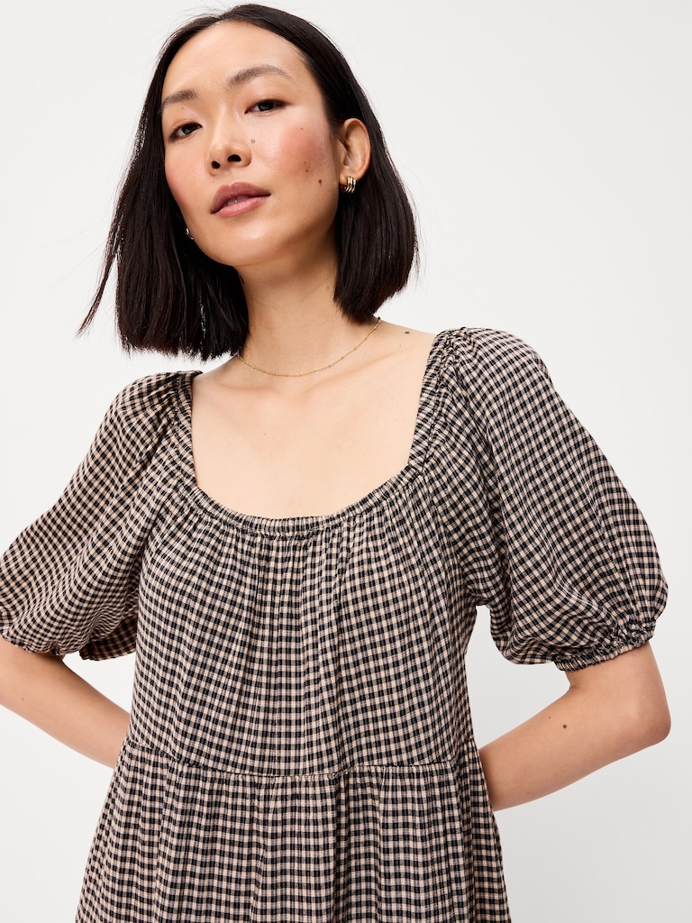 Puff-Sleeve Smocked Mini Swing Dress