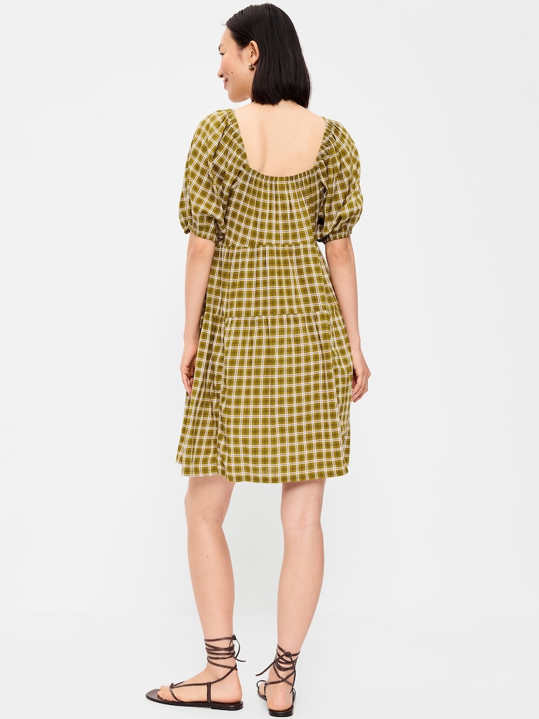 Puff-Sleeve Smocked Mini Swing Dress