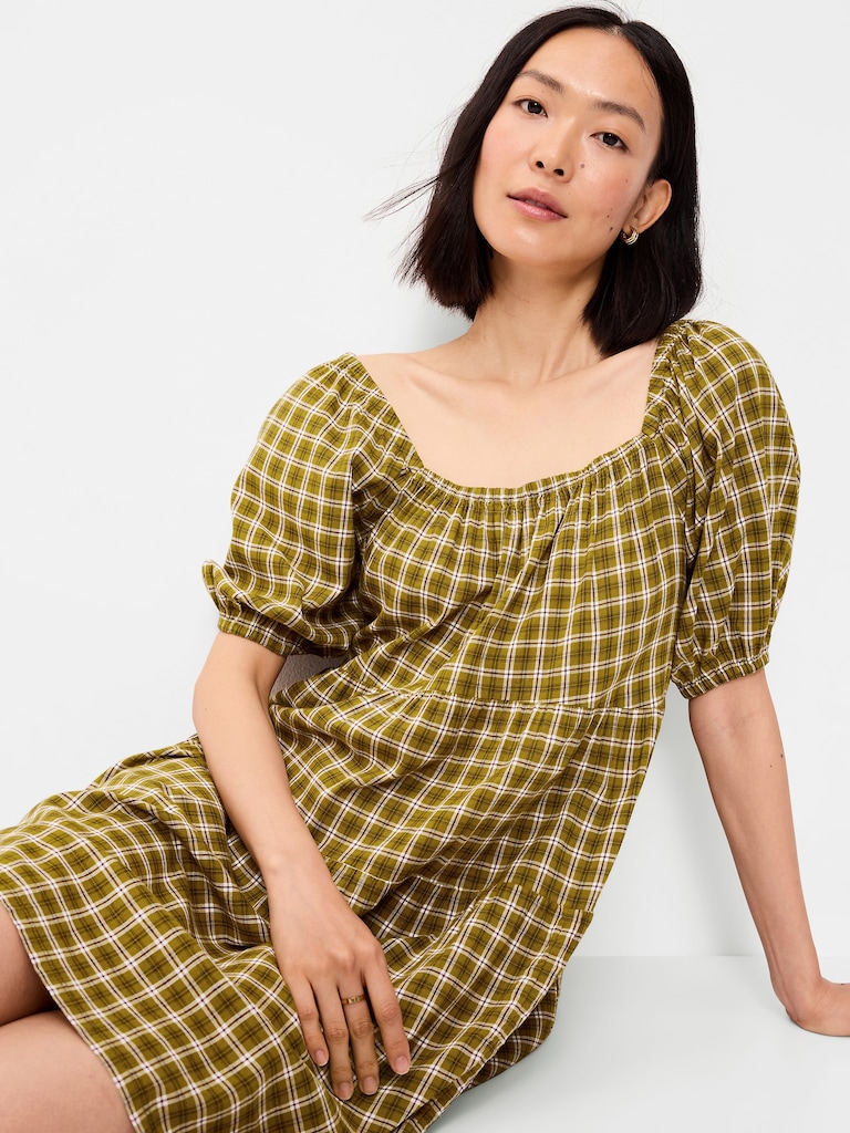 Puff-Sleeve Smocked Mini Swing Dress