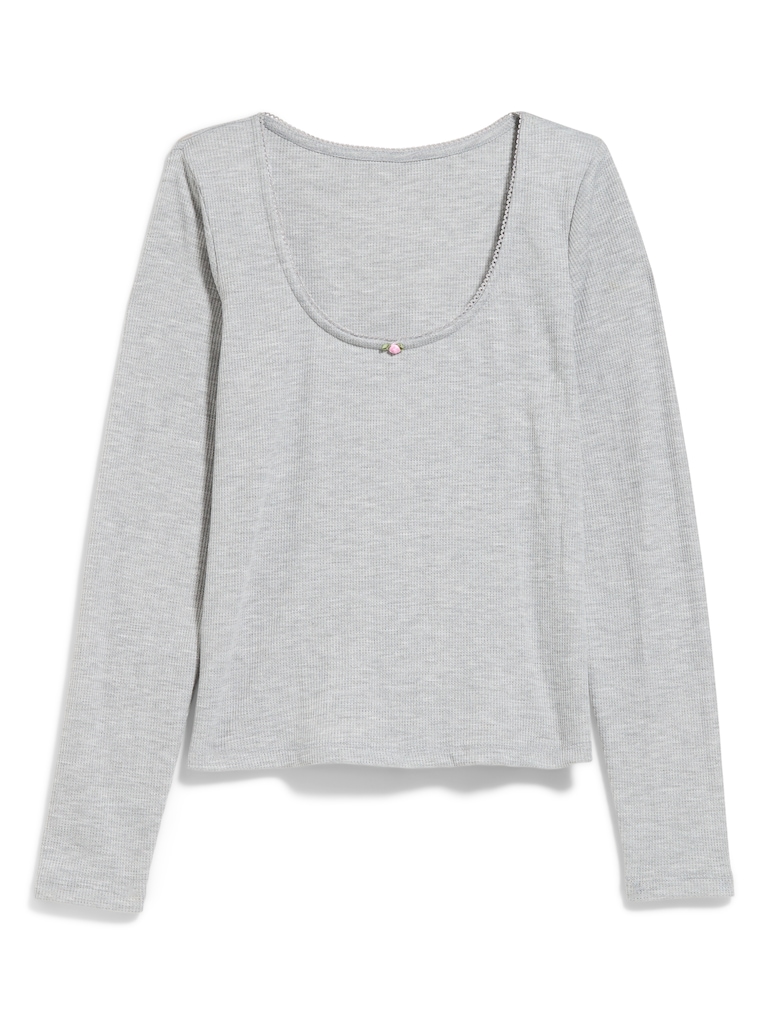 Waffle-Textured Long-Sleeve Pajama Top