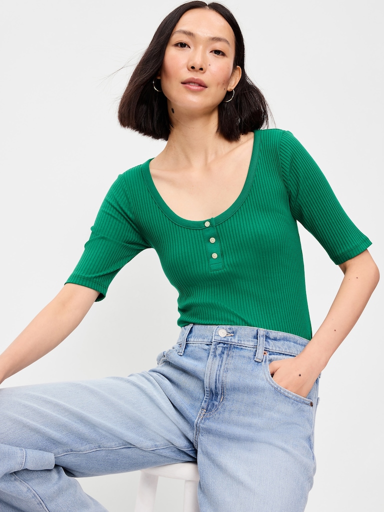 Scoop-Neck Fitted Henley Top