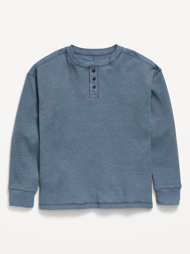 Oversized Long-Sleeve Waffle Knit Henley T-Shirt for Boys