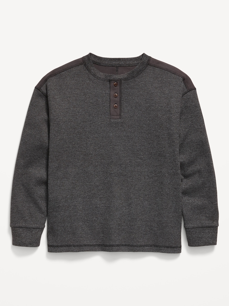 Oversized Long-Sleeve Waffle Knit Henley T-Shirt for Boys