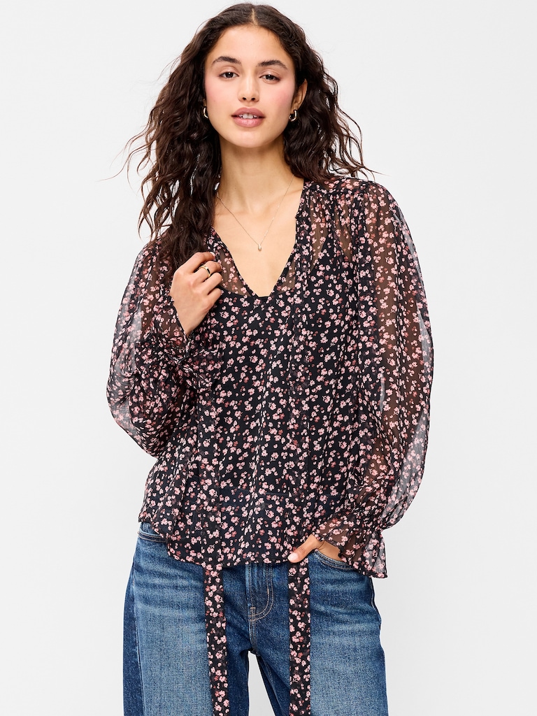 Chiffon Semi-Sheer Tie-Front Top