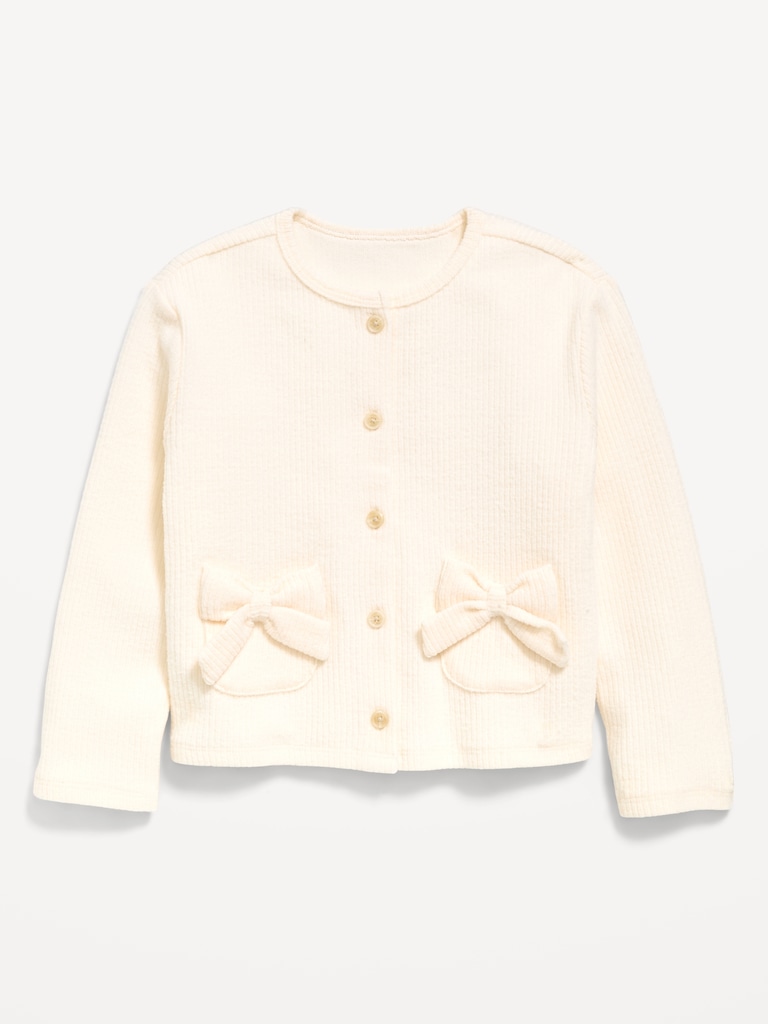 Cozy Ribbed Bow-Pocket Cardigan Sweater for Toddler Girls