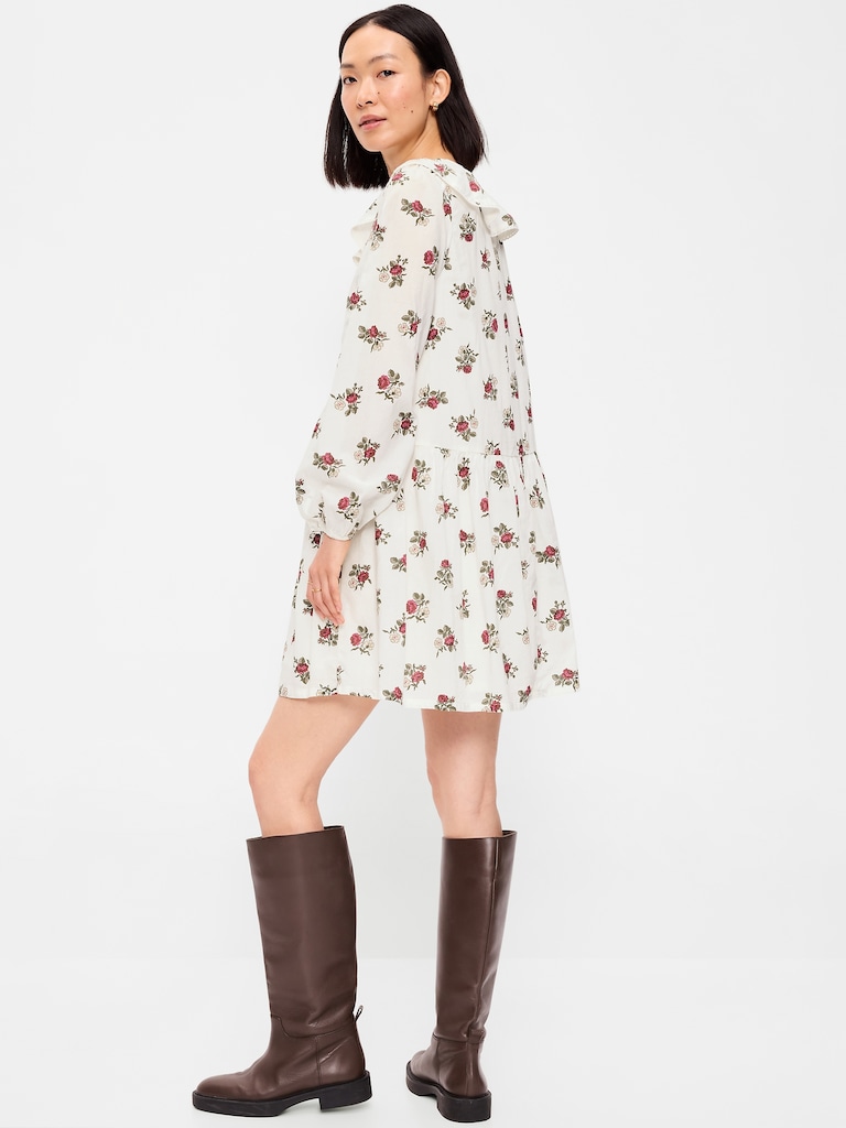 Long-Sleeve Ruffle-Collar Swing Mini Dress