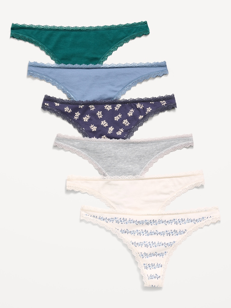6-Pack Low-Rise Lace-Trim Cotton Thongs
