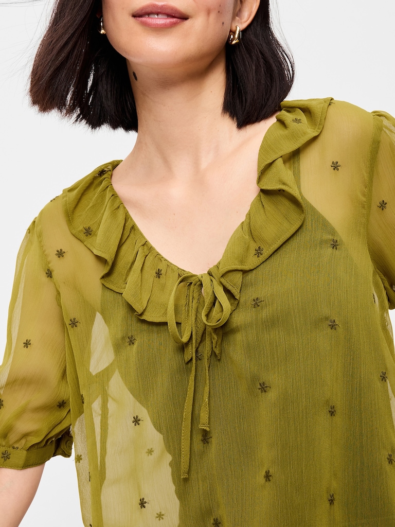 Short-Sleeve Embroidered Chiffon Top
