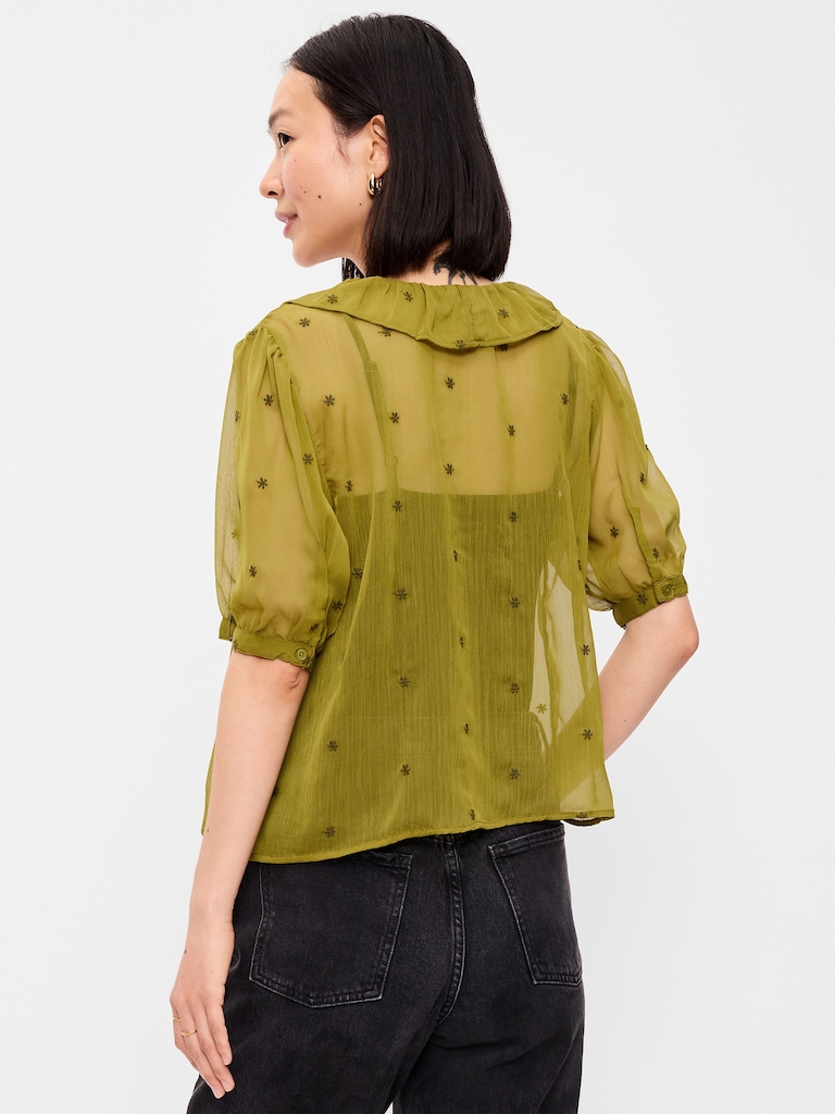 Short-Sleeve Embroidered Chiffon Top