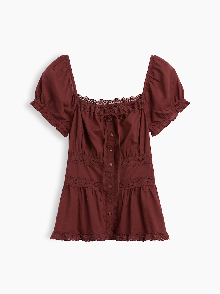 Square-Neck Lace-Trim Peplum Top
