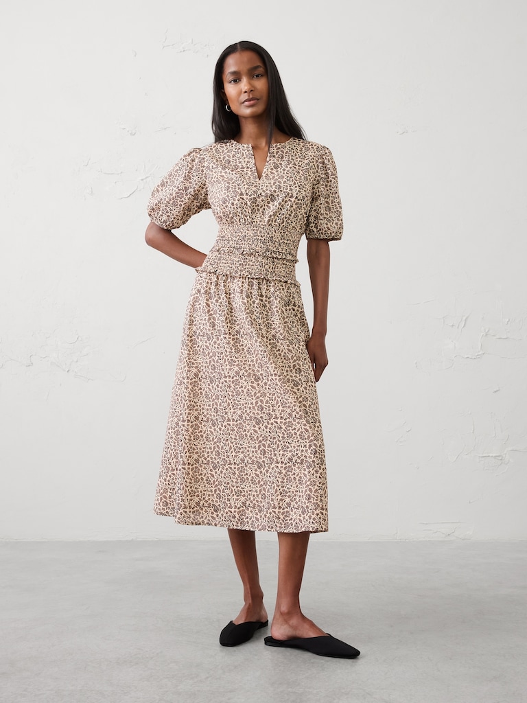 Puff-Sleeve Smocked-Waist Midi Dress