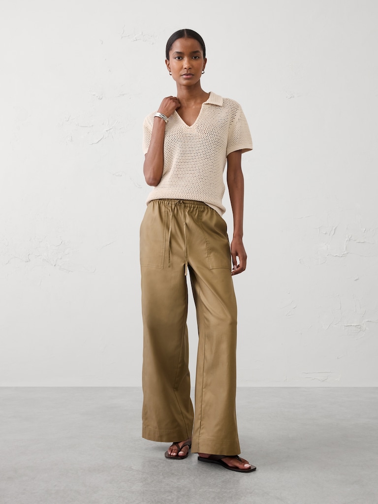 Wide-Leg Mid-Rise Utility Painters Twill Pull-On Pant