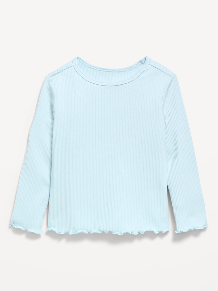 Fitted Long-Sleeve Ribbed Lettuce-Edge T-Shirt for Toddler Girls