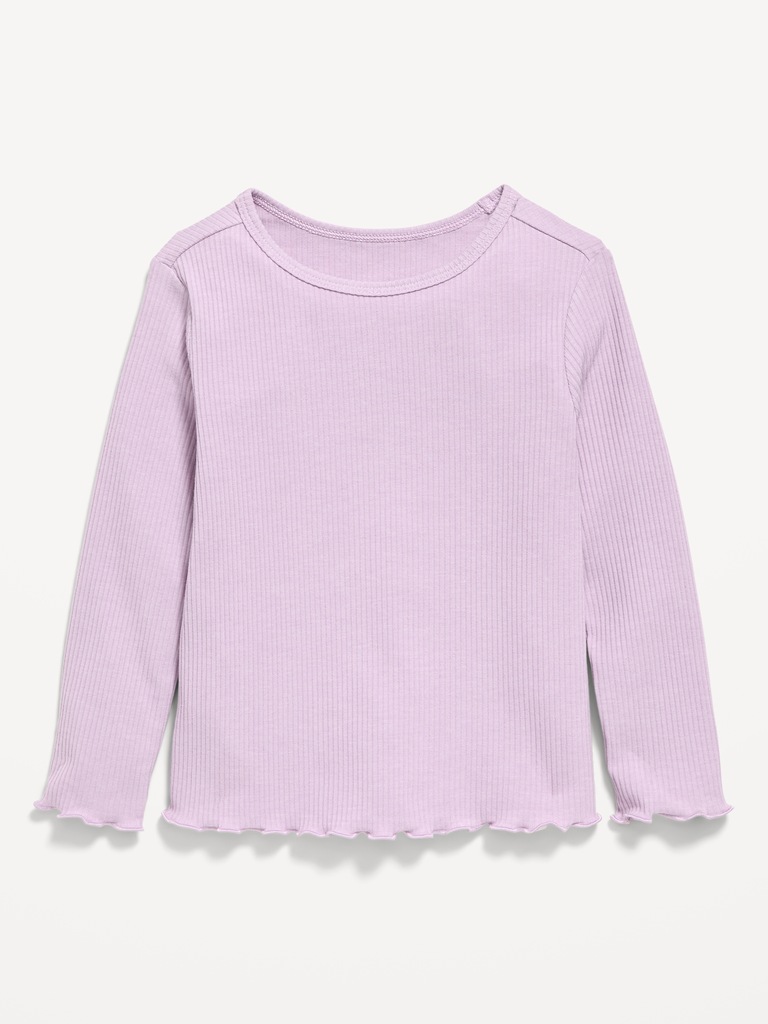 Fitted Long-Sleeve Ribbed Lettuce-Edge T-Shirt for Toddler Girls
