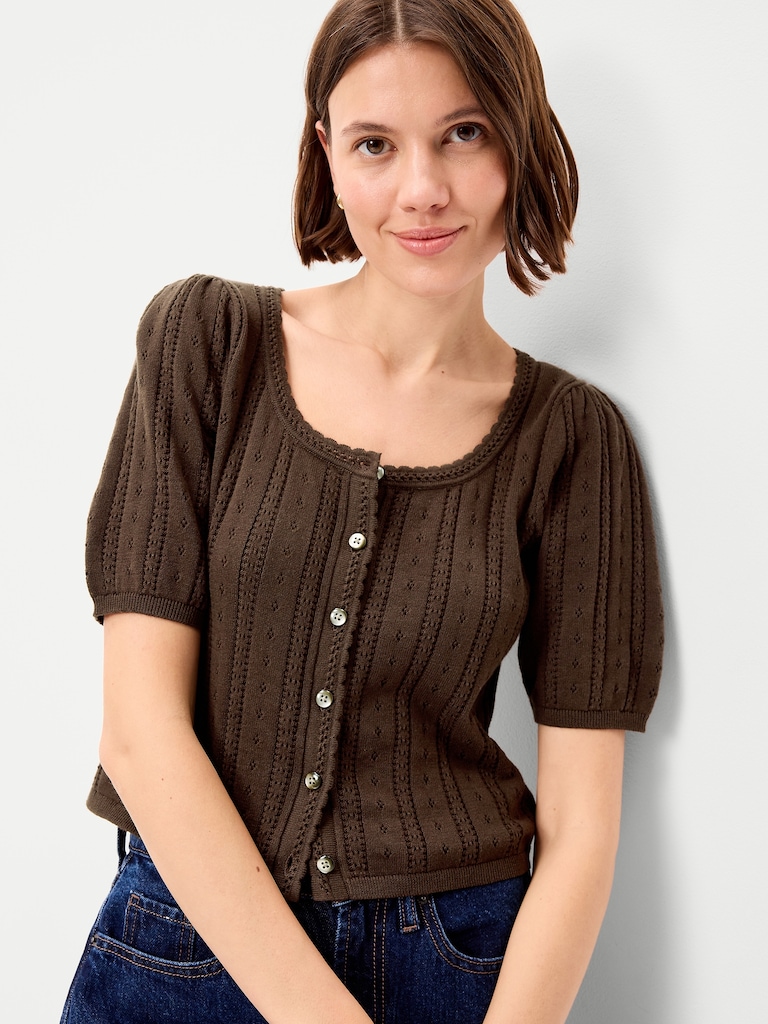 Seaside Cotton Short-Sleeve Button-Down Sweater