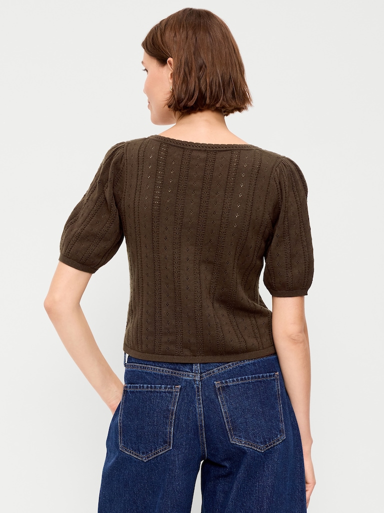 Seaside Cotton Short-Sleeve Button-Down Sweater