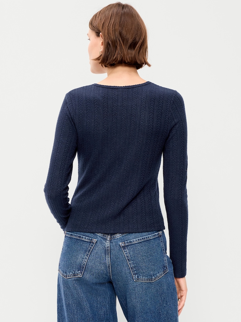 Long-Sleeve Button-Front Pointelle Top