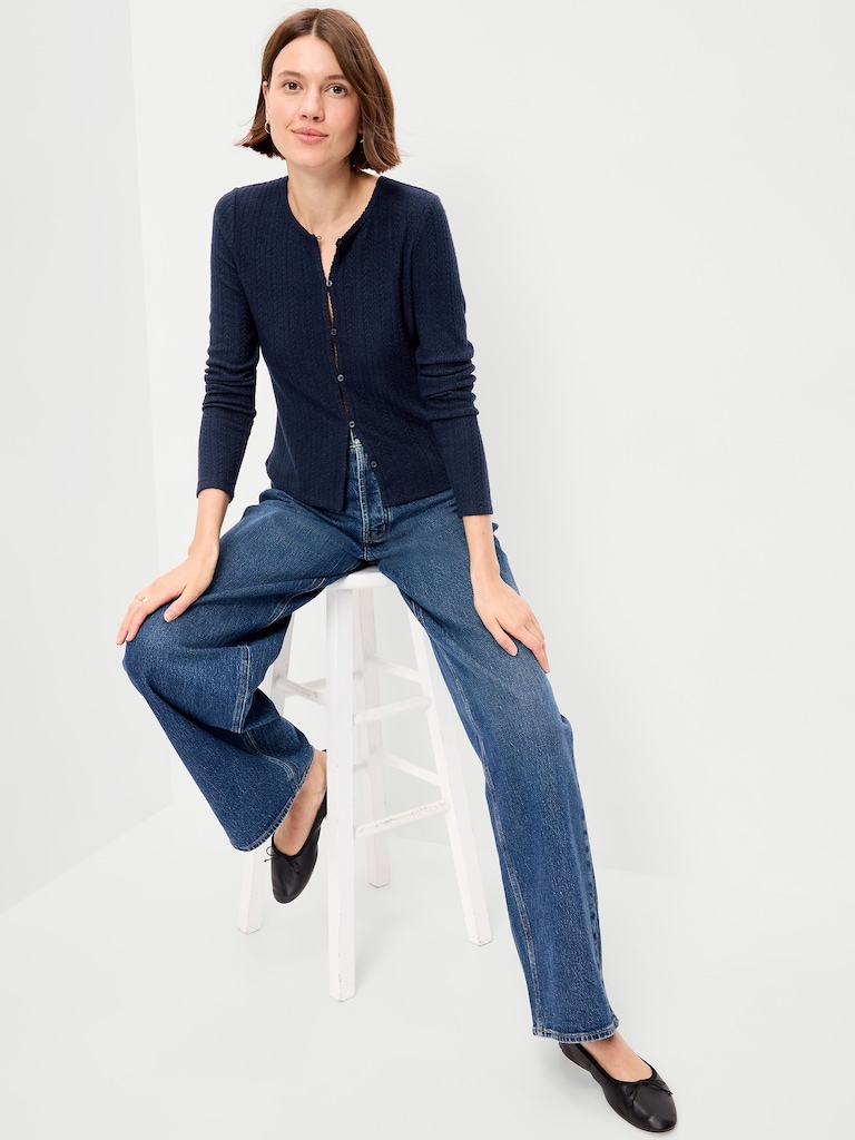 Long-Sleeve Button-Front Pointelle Top