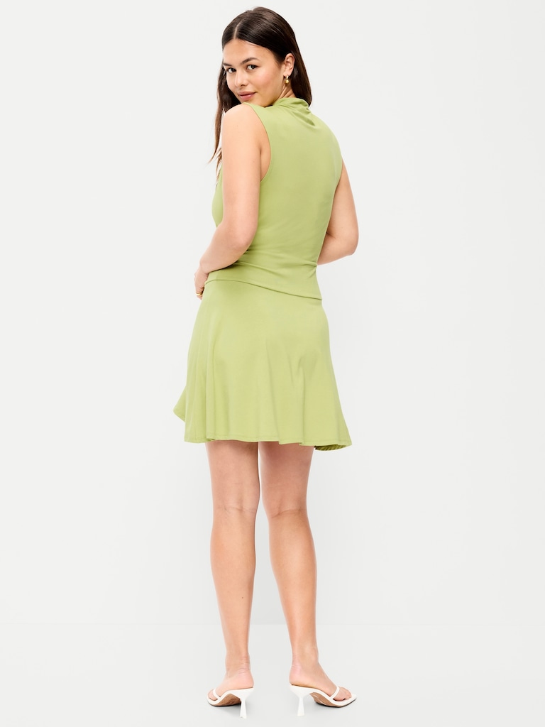 Gathered Mock-Neck Drop-Waist Mini Dress