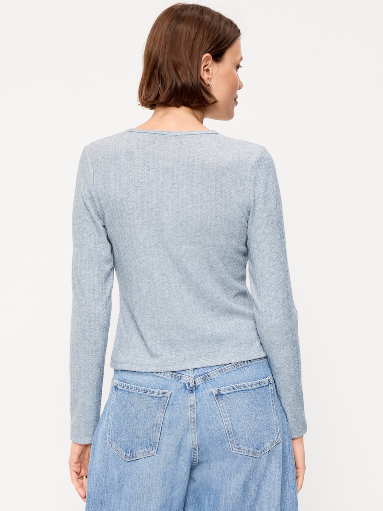 Long-Sleeve Button-Front Pointelle Top