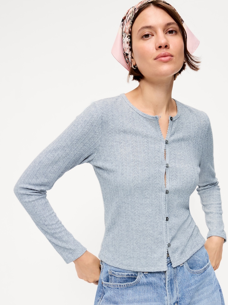 Long-Sleeve Button-Front Pointelle Top