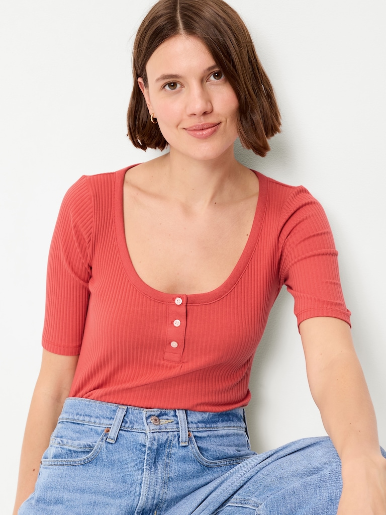 Scoop-Neck Fitted Henley Top