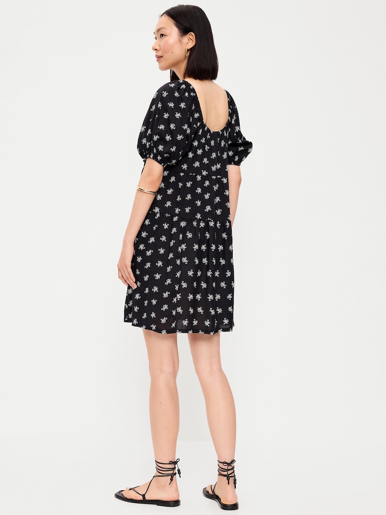 Puff-Sleeve Smocked Mini Swing Dress