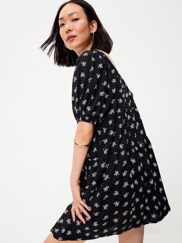 Puff-Sleeve Smocked Mini Swing Dress