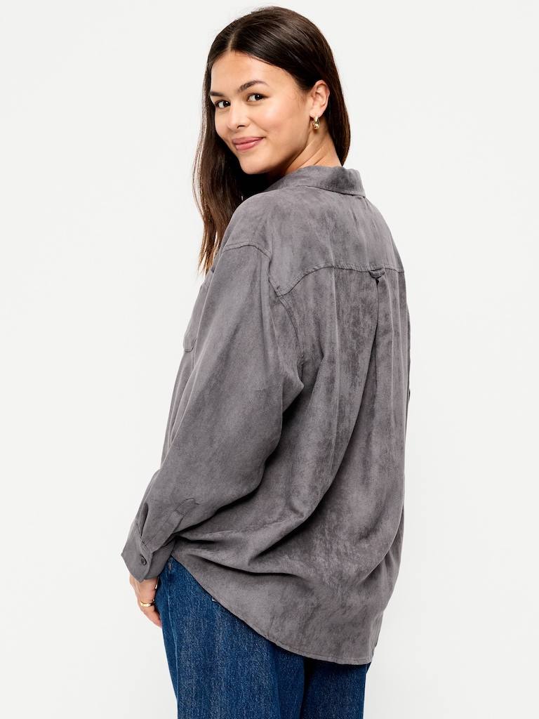 Oversized Faux-Suede Button-Down Boyfriend Shirt