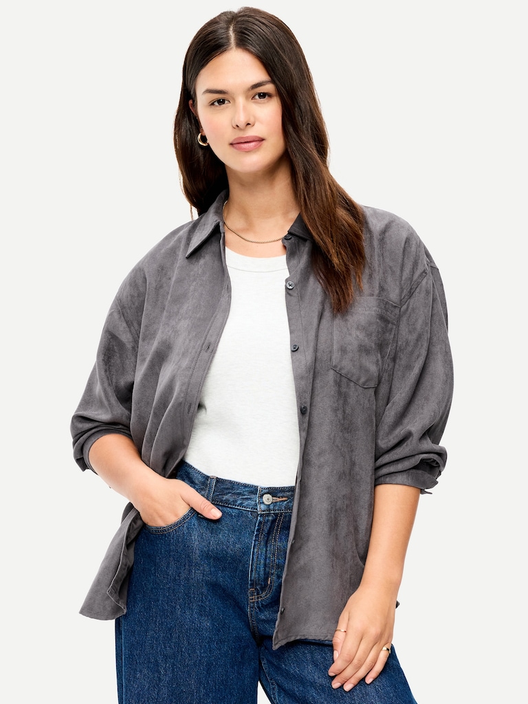 Oversized Faux-Suede Button-Down Boyfriend Shirt