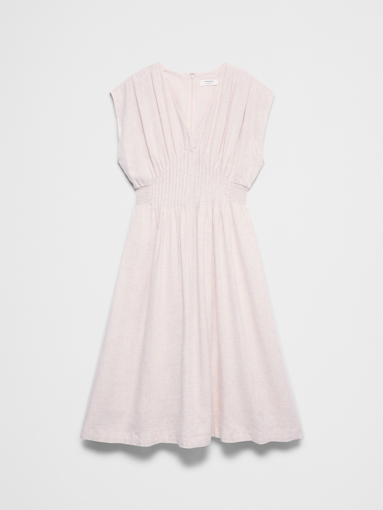 Linen-Blend Pleated-Waist Midi Dress